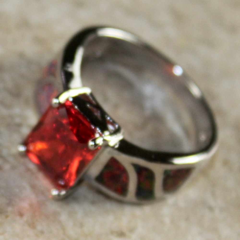 Orange Fire Opal Rectangular Silver Ring - Picture 2 of 3